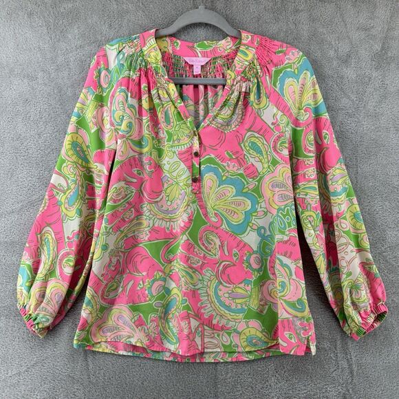 Lilly Pulitzer Top XS Silk Elsa Chin Chin Elephant Pink Ballon Sleeve V-Neck - Picture 1 of 16